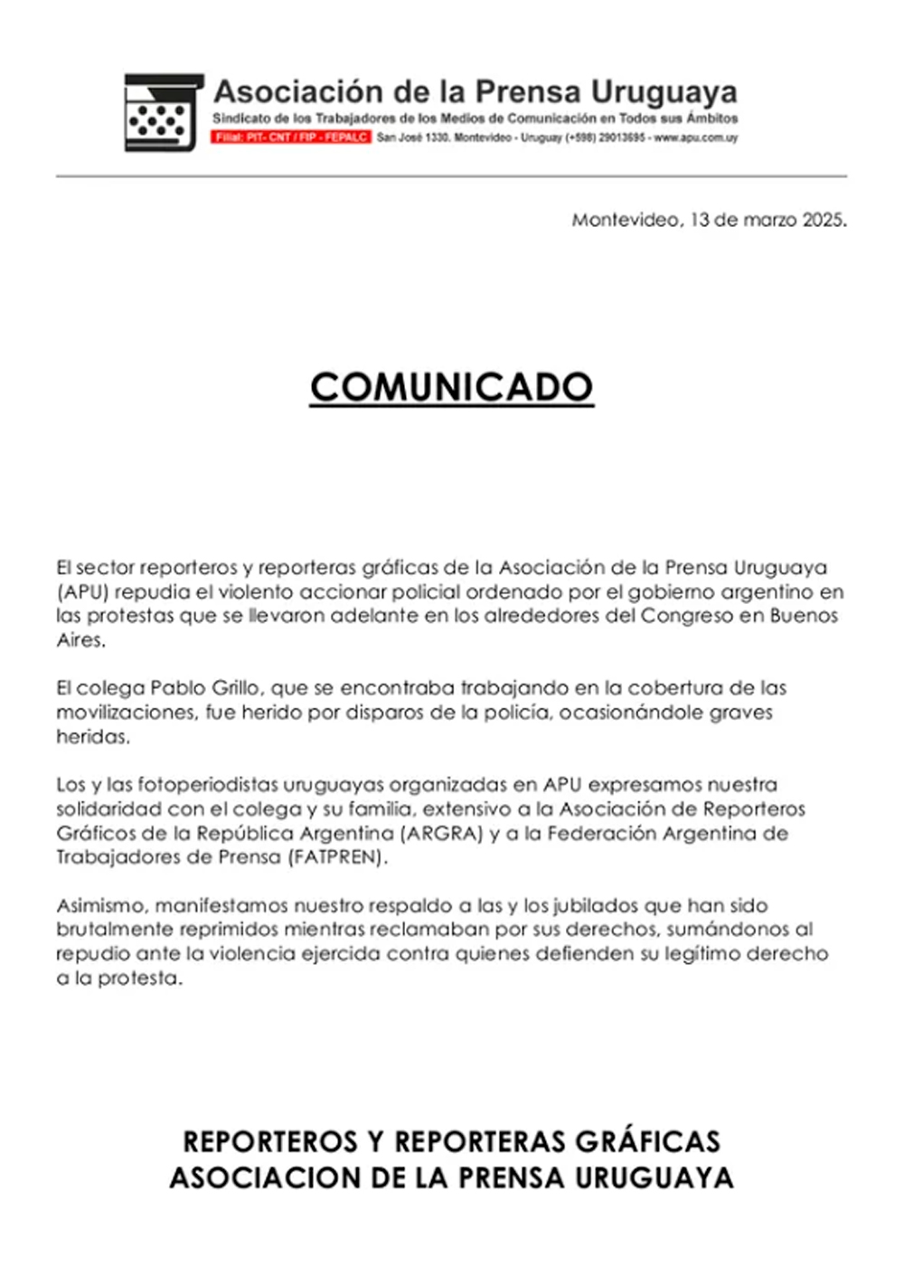 Comunicado del Sector de Fotoperiodismo de la Asociación de la Prensa Uruguaya