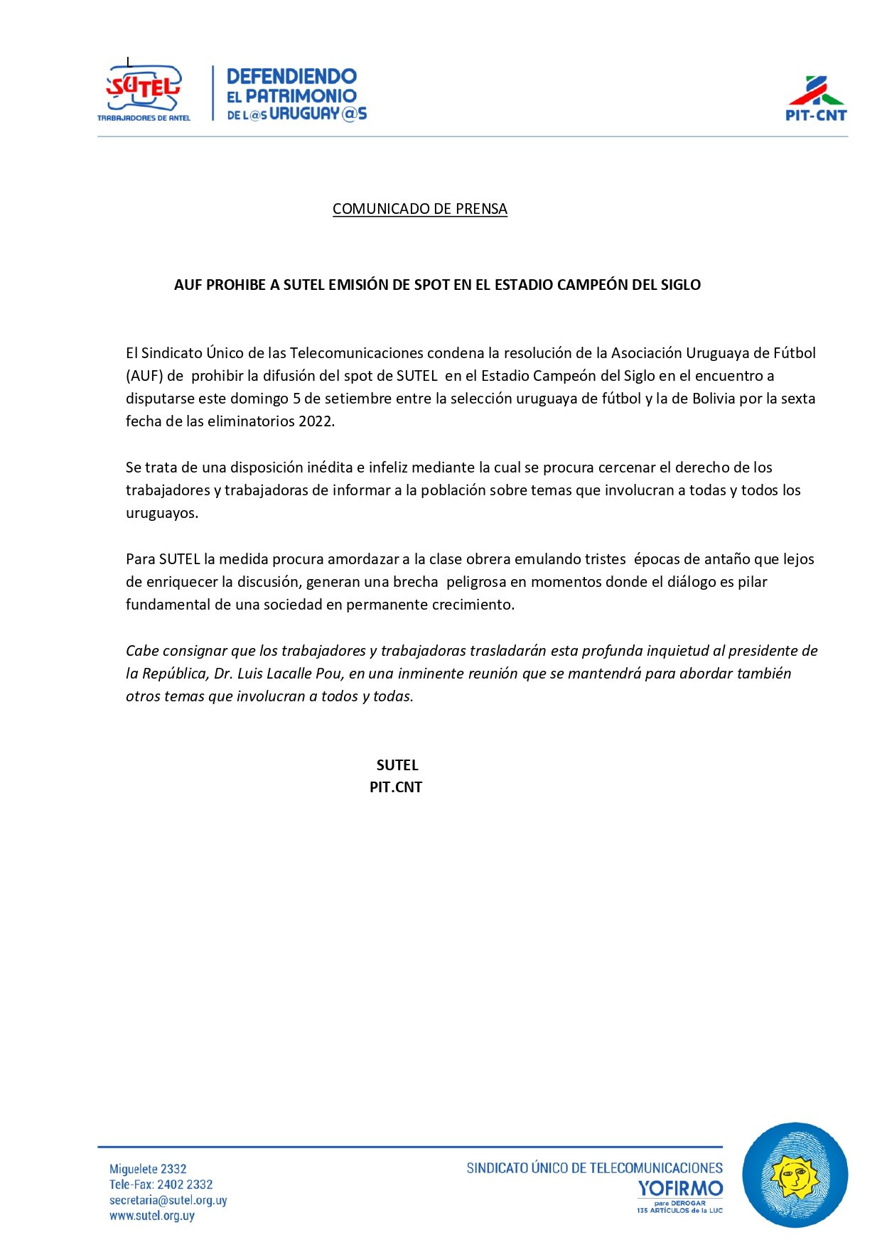 Comunicado de prensa de SUTEL