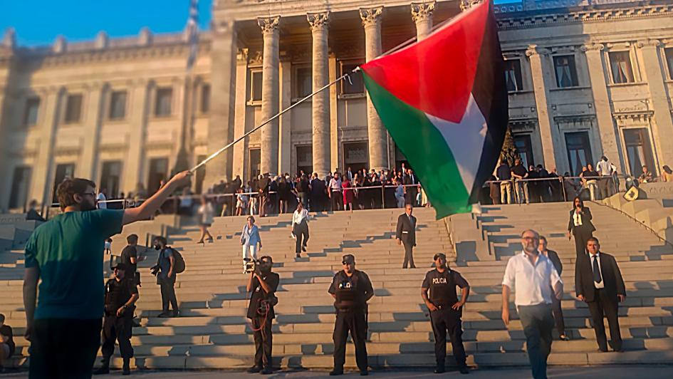 Manifestante levanta una bandera de Palestina en las escalinatas del Palacio Legislativo