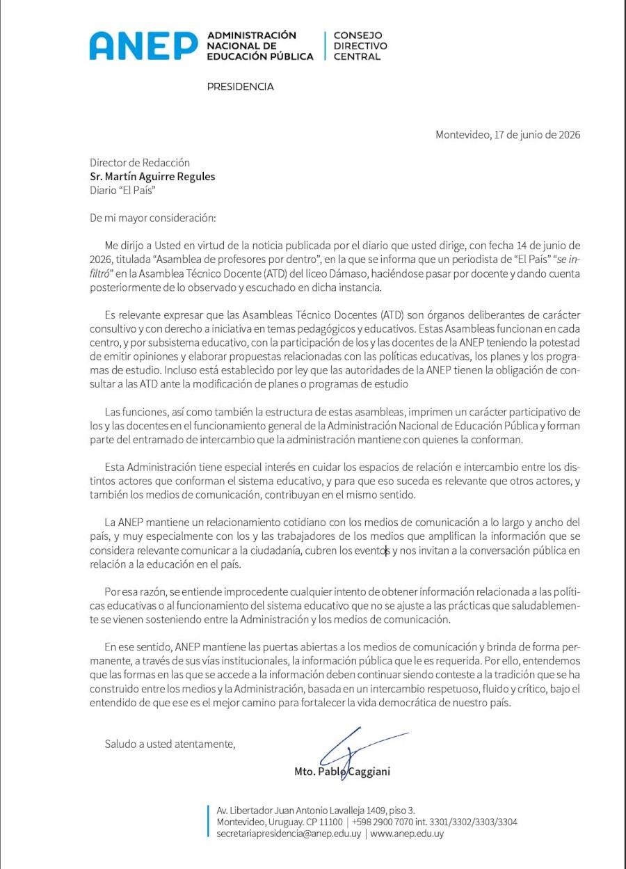 Carta enviada por Anep a El país